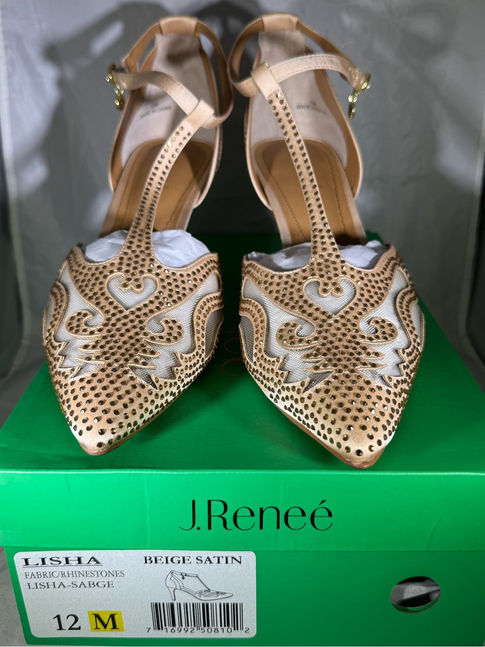 J.Renee Lisha Beige Satin Pointed T-Strap Heels with Rhinestones